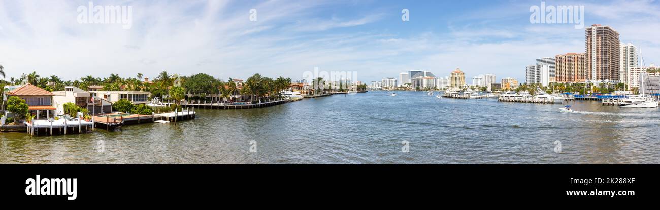 Fort Lauderdale skyline Florida downtown panorama condo condominium banner city marina boats Stock Photo