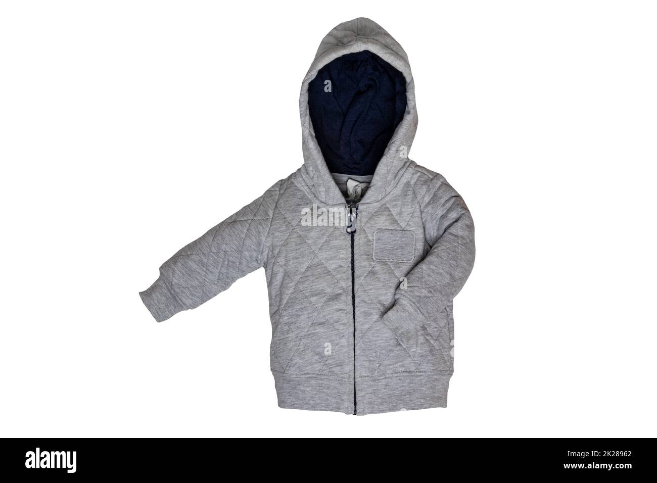 Kids jacket isolated. Closeup of a trendy gray hoodie jacket or cardigan for boy isolated on a white background. Clipping path. Childrens spring, autumn and winter fashion. Stock Photo