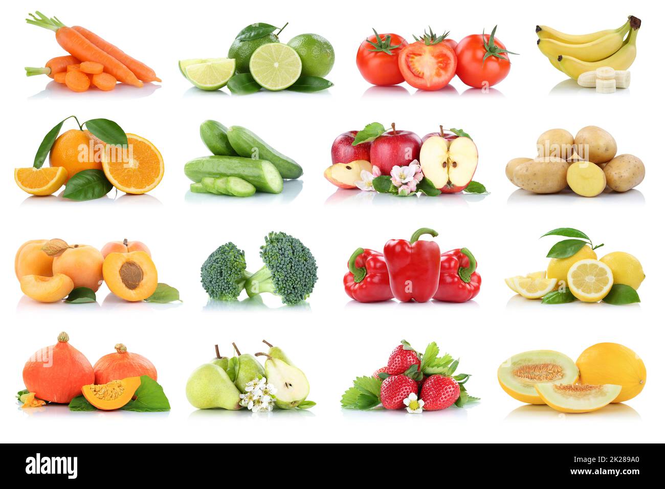 Fruits vegetables collection isolated apple apples oranges strawberries tomatoes banana colors fresh fruit Stock Photo