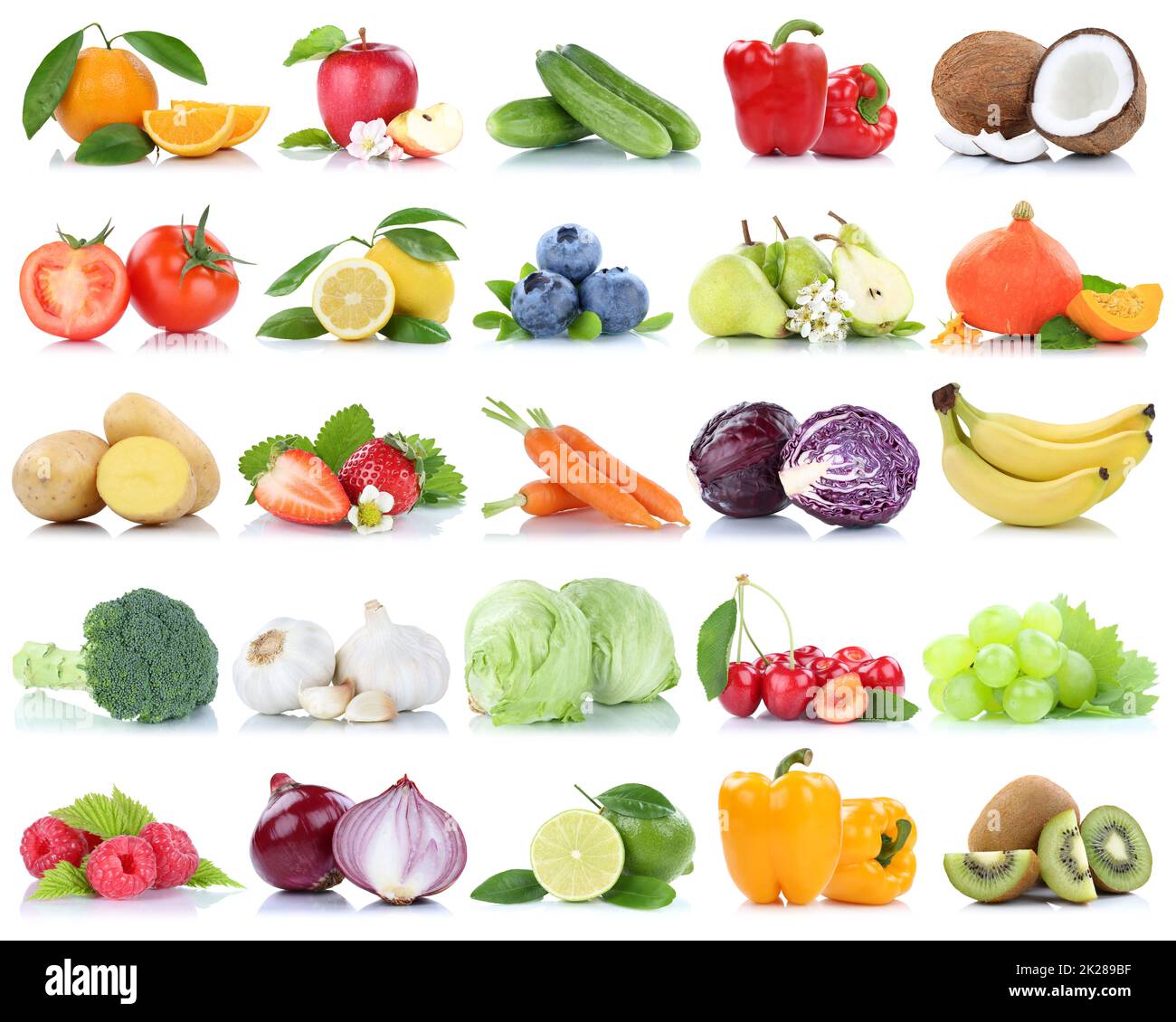 Fruits and vegetables collection isolated apple oranges onions tomatoes lettuce berries fruit Stock Photo