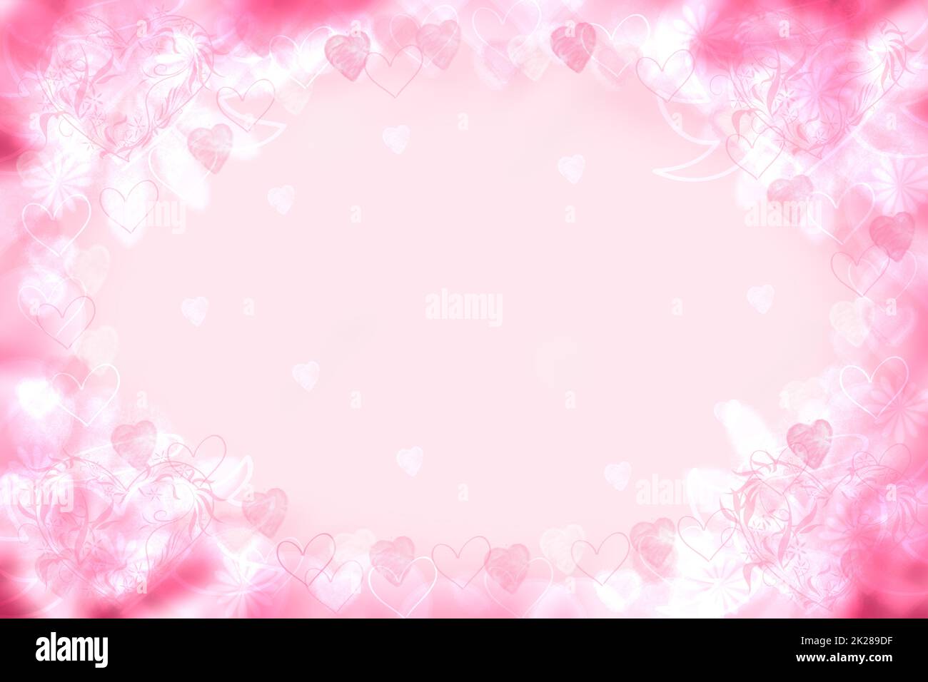 Valentines day card template. Abstract festive blur bright pink pastel background with a frame and hearts bokeh made for valentine or wedding card. Space for design. Card concept. Stock Photo