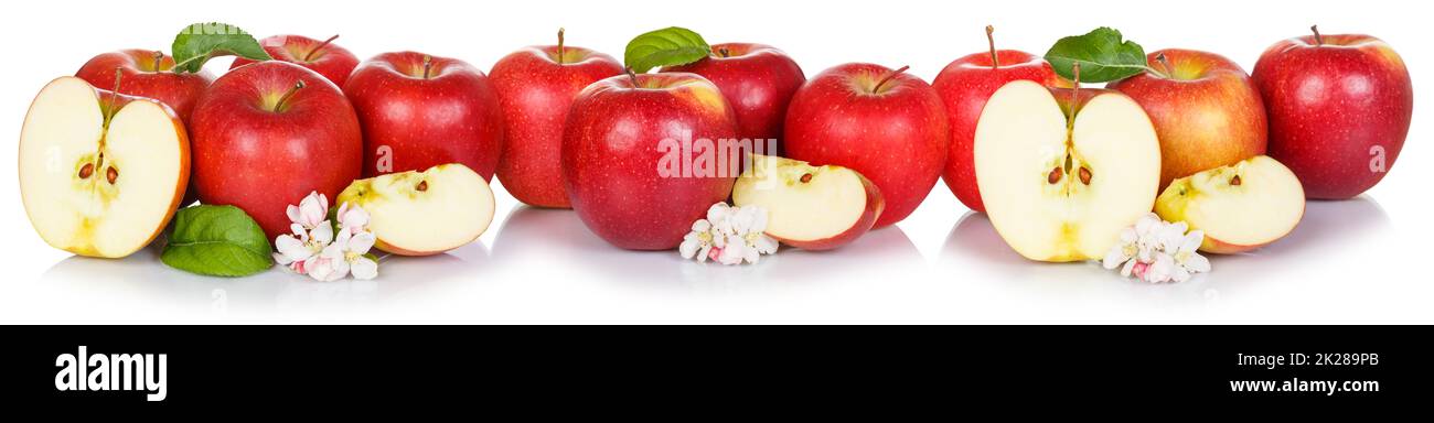 Red apple fruits apples fruit collage isolated on white in a row Stock Photo