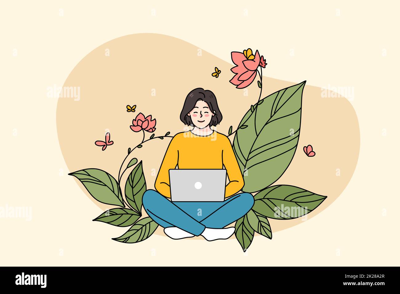 Smiling girl work on computer on flowery background Stock Photo