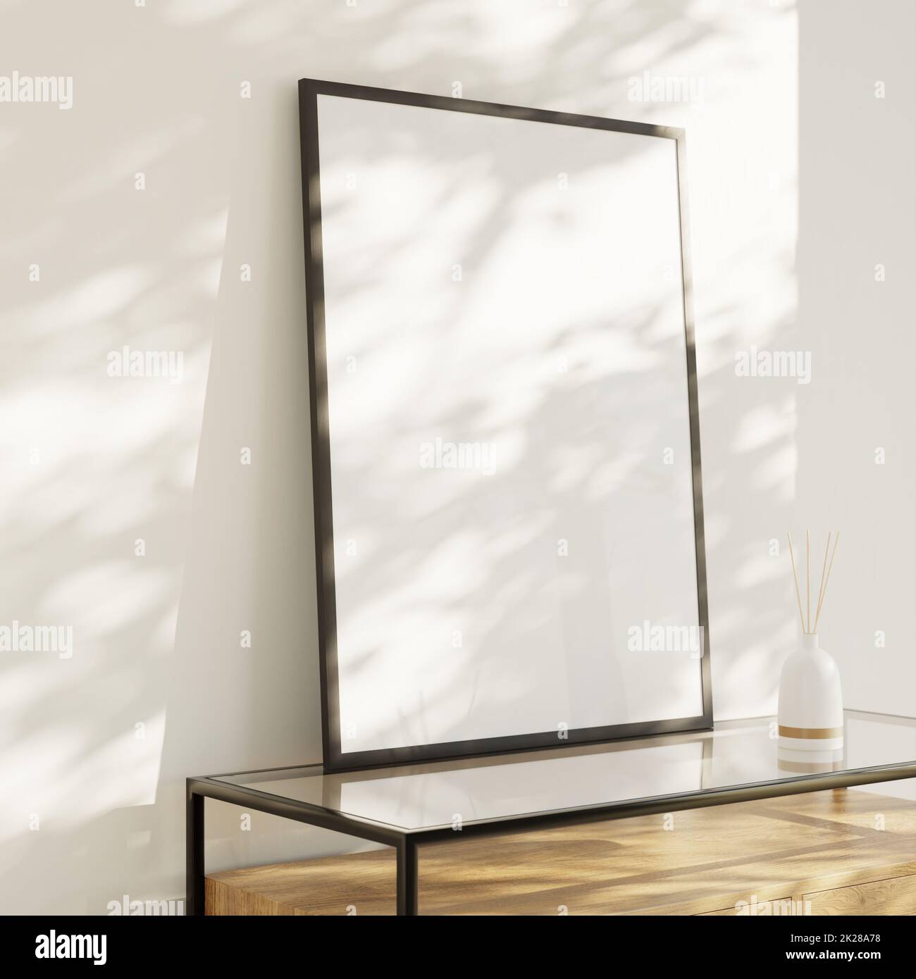 Interior mockup - Living room with a blank picture frame on a sideboard leaning against the wall. Luminous pattern light effect. Porcelain vase with r Stock Photo