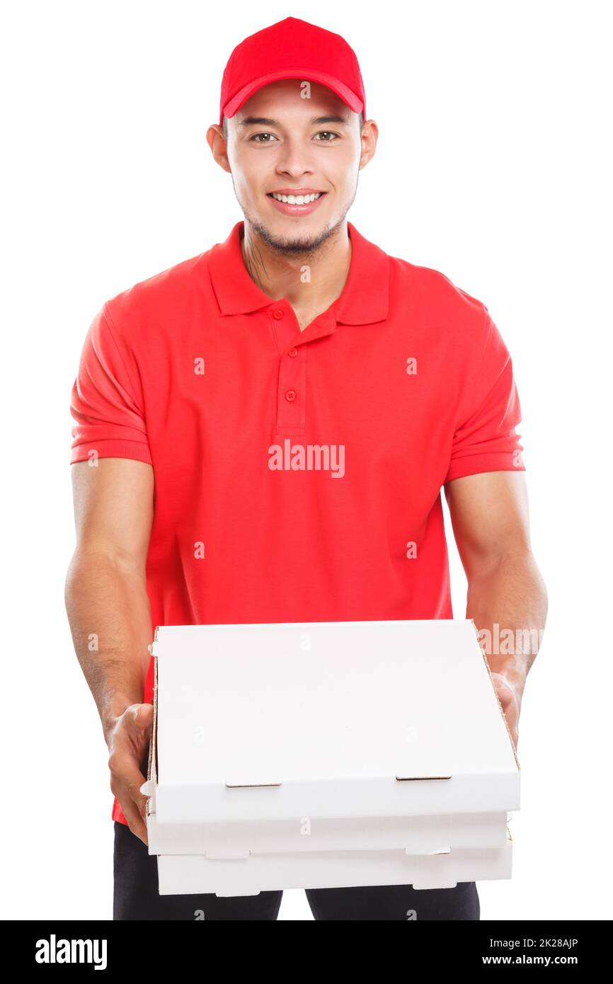 Pizza fast food delivery young latin man boy order delivering deliver isolated on white Stock Photo