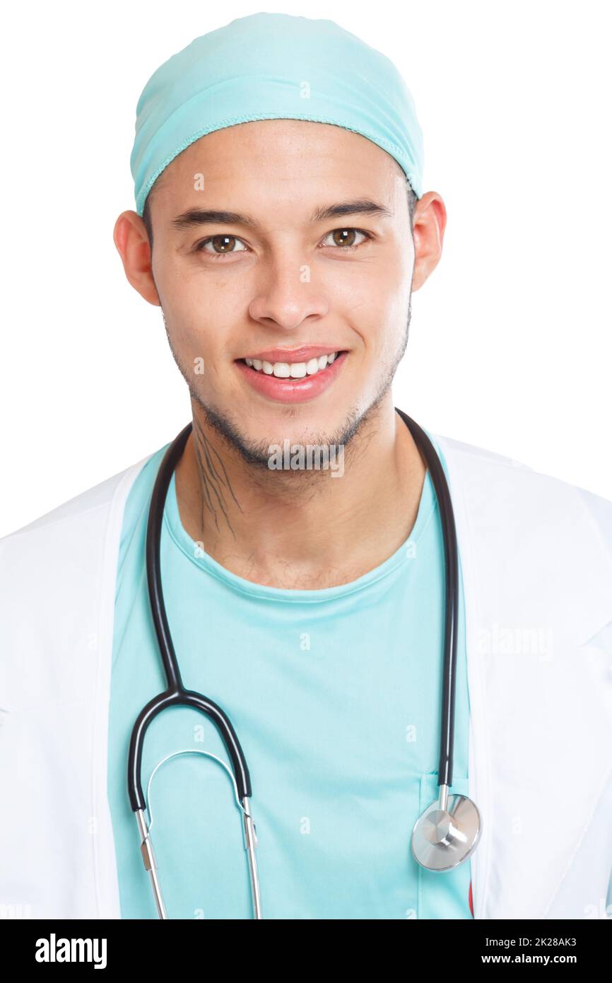 Young doctor smiling happy face portrait format occupation job isolated Stock Photo