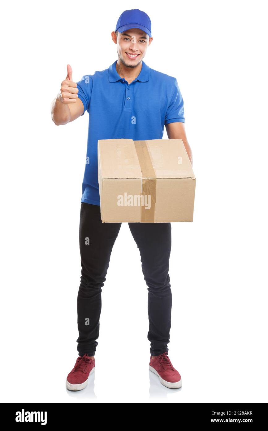 Young man parcel delivery service box package order delivering success successful full body portrait isolated Stock Photo
