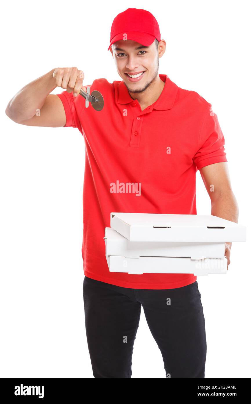 Pizza cutter fast food delivery smiling young latin man delivering deliver isolated on white Stock Photo