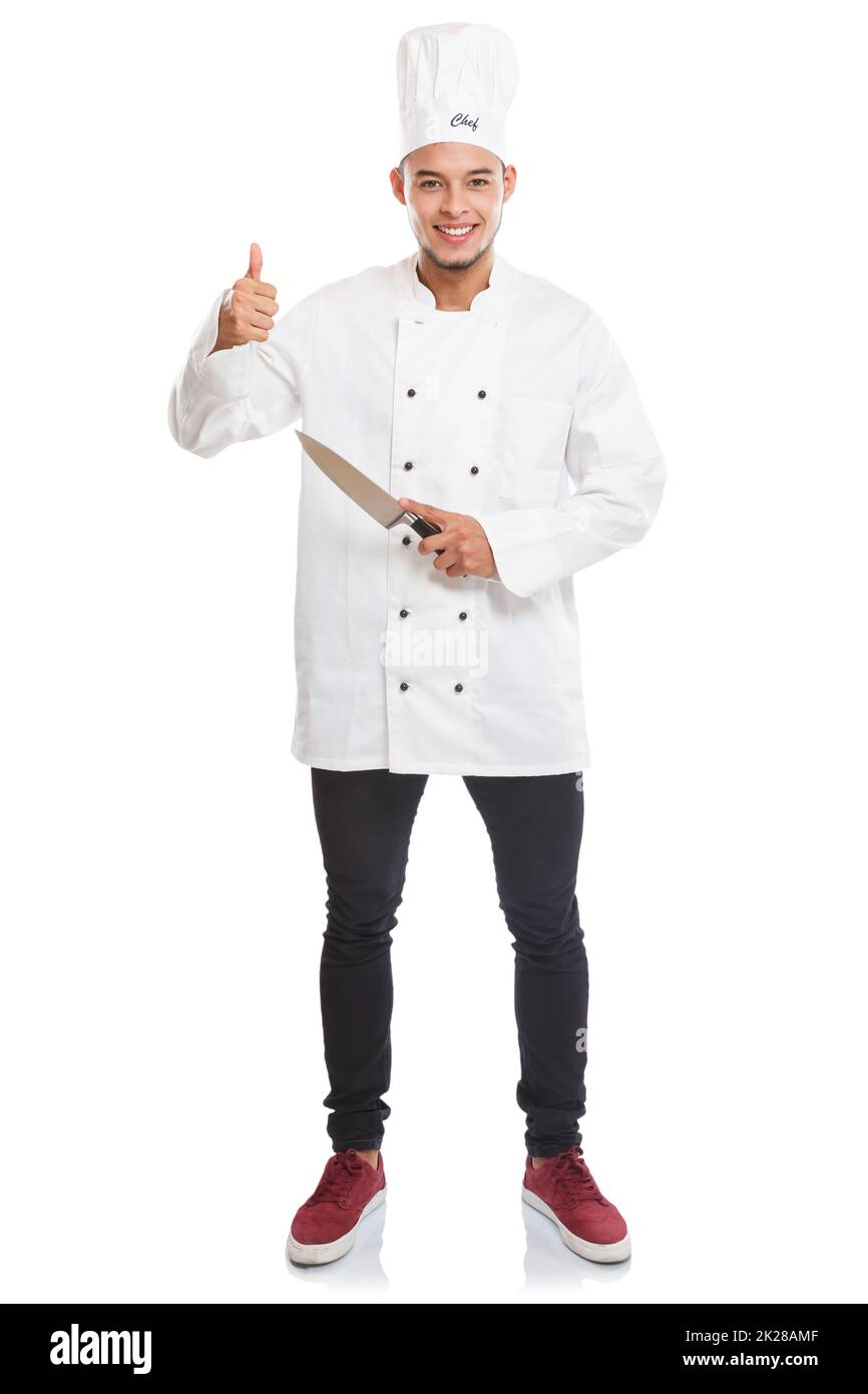 Cook cooking young latin man job occupation full body portrait success successful isolated on white Stock Photo