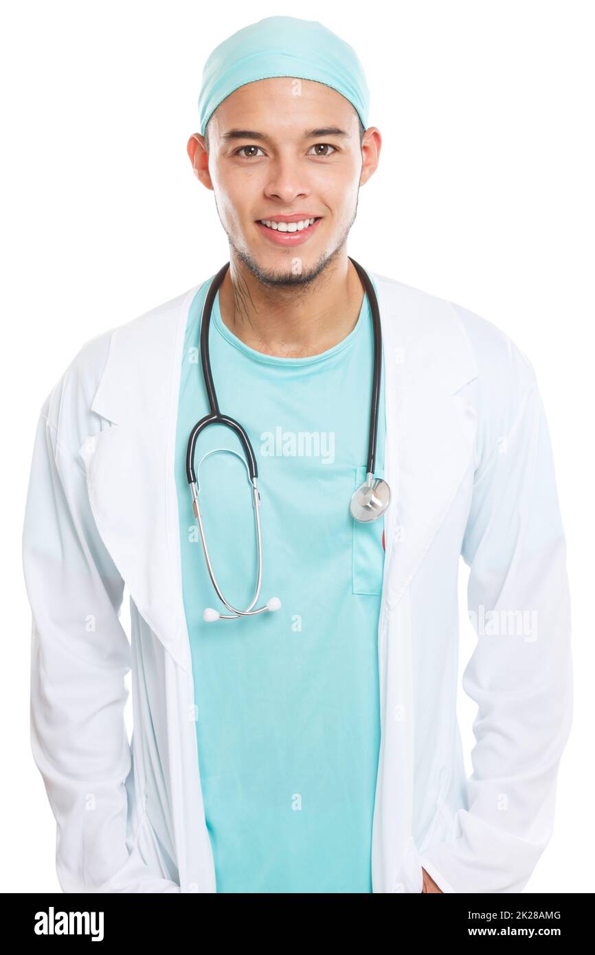 Young doctor smiling happy face upper body occupation job isolated on white Stock Photo