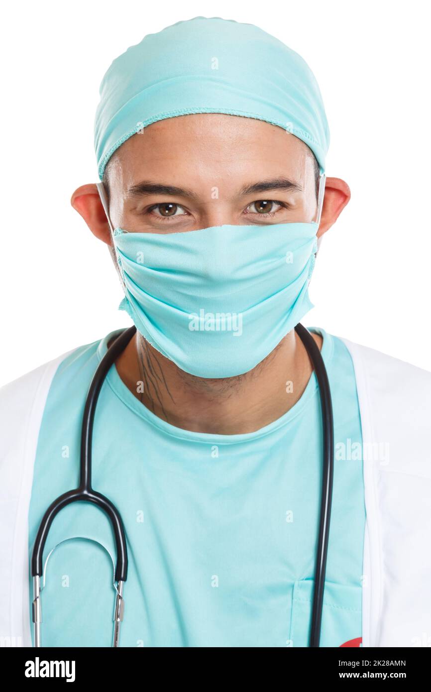 Young doctor portrait format with mouthguard occupation education man job isolated on white Stock Photo