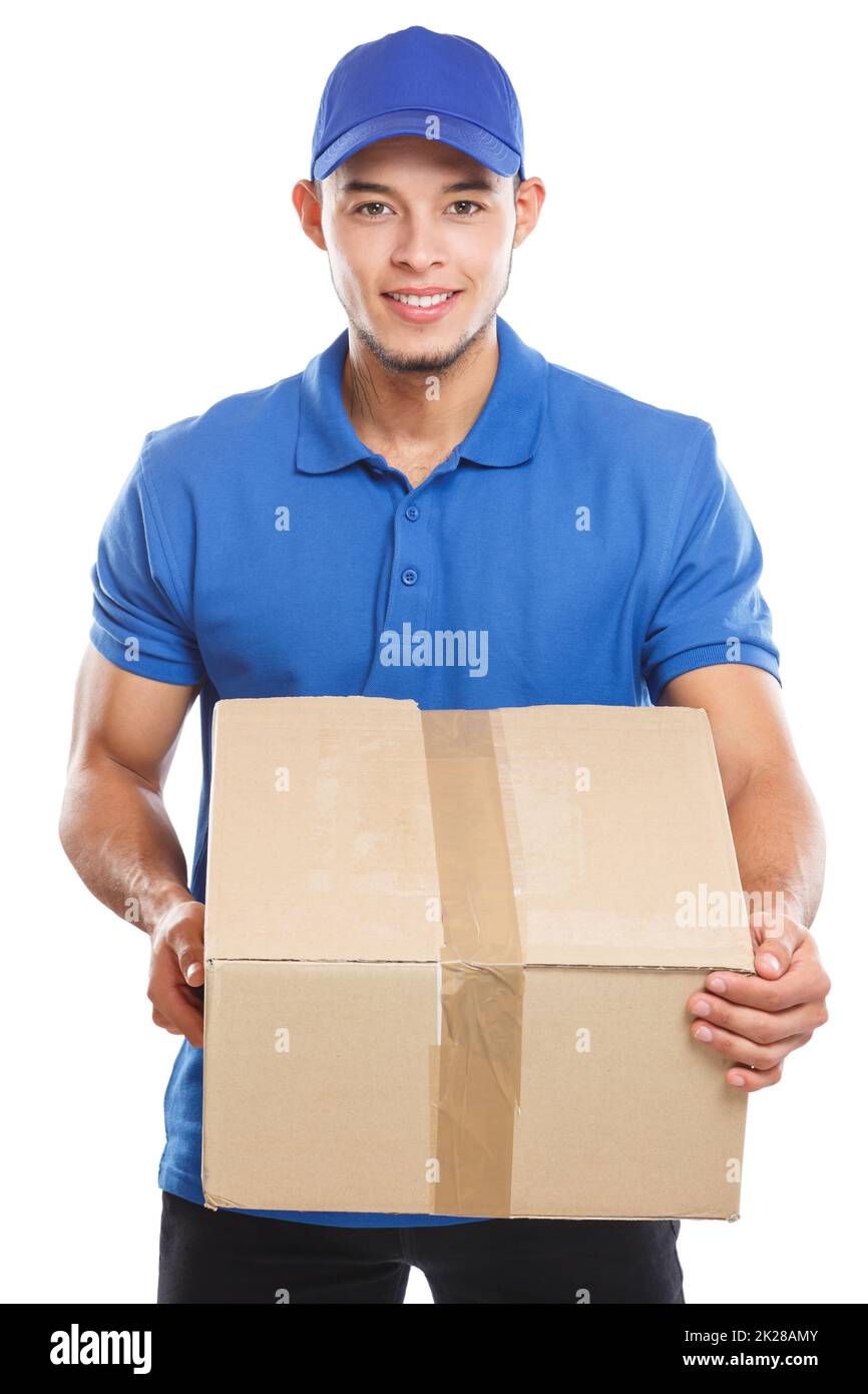 Parcel delivery service box package delivering job logistics young latin man isolated on white Stock Photo