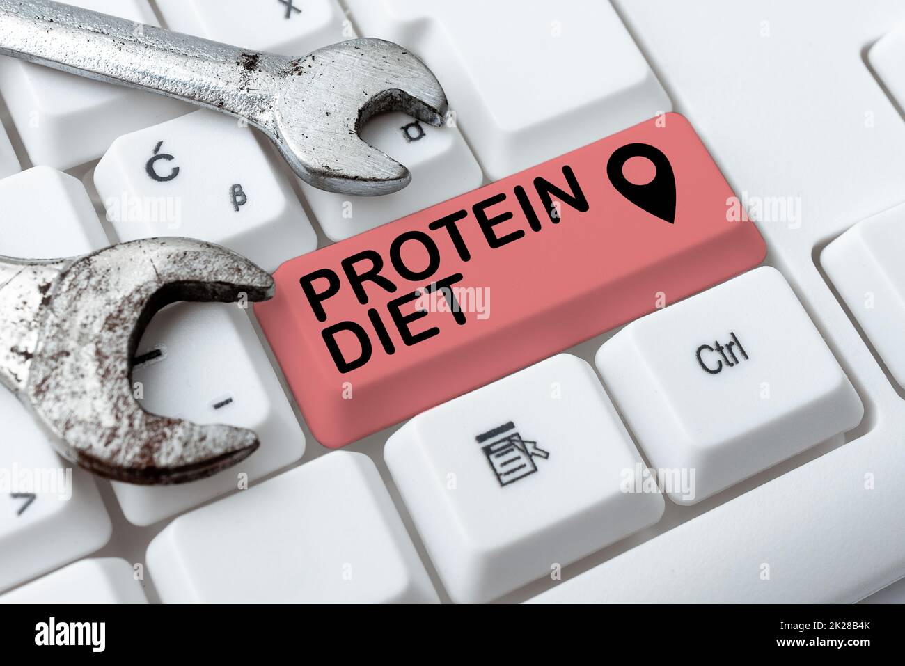 Text sign showing Protein Diet. Business overview low in fat or carbohydrate consumption weight loss plan Abstract Typing Presentation Message, Retyping New Email Password Stock Photo
