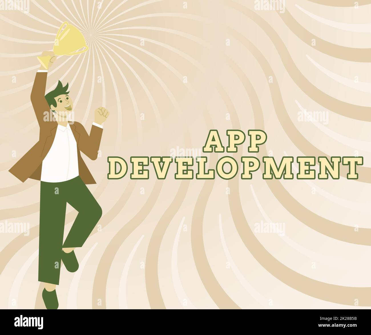 Sign displaying App Development. Word Written on Development services for awesome mobile and web experiences Gentleman Jumping Excitedly Holding Trophy Showing Accomplishments. Stock Photo