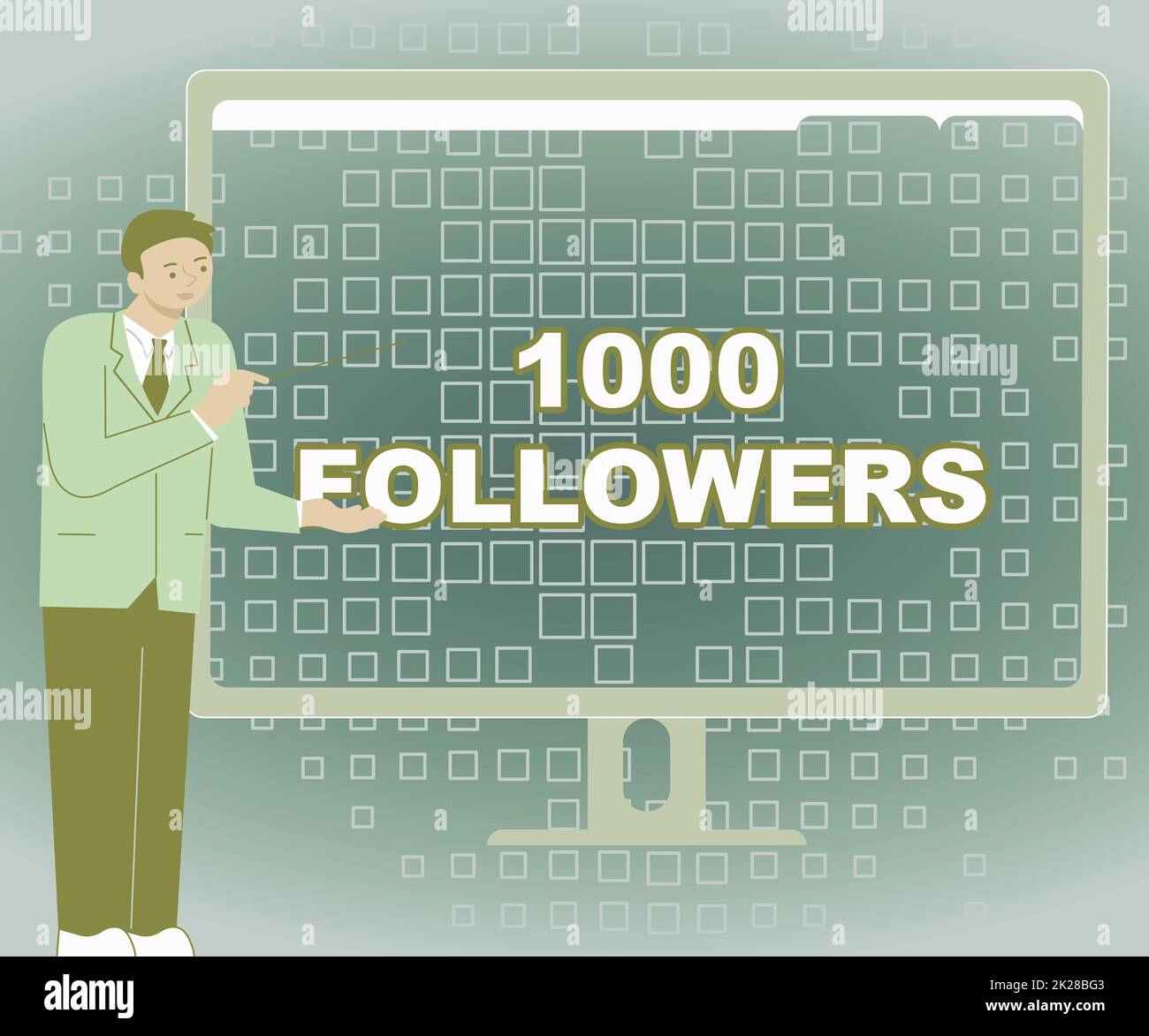 Hand writing sign 1000 Followers. Concept meaning number of individuals who follows someone in Instagram Businessman Standing Presenting Charts Wonderful Ideas On Computer Screen Stock Photo