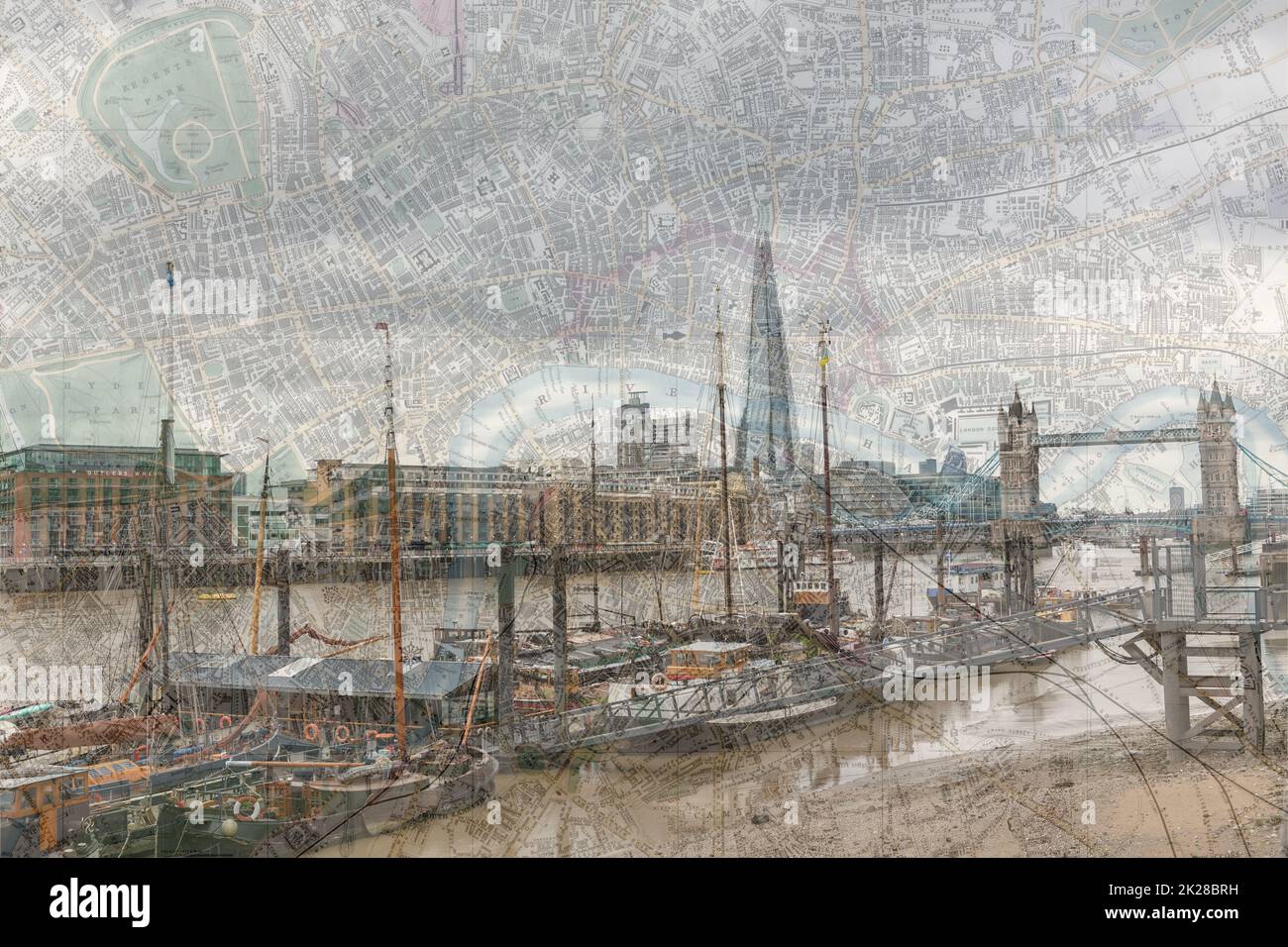 Public Domain ancient map of London merged with photograph of the river Thames giving an old feel to a familiar view. New meets Old in this shot. Stock Photo