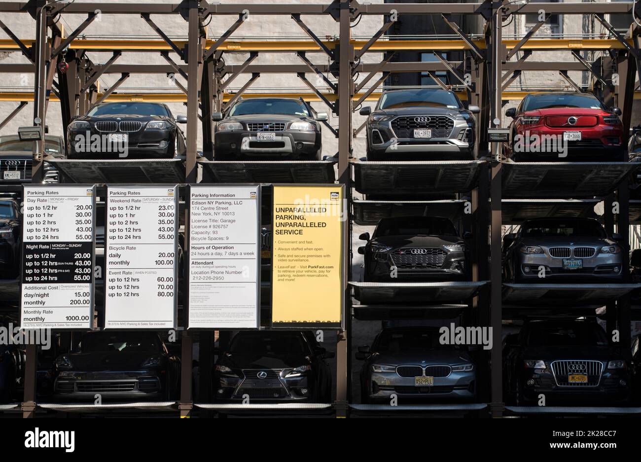 Car Park in lower Manhattan, New York City, USA.  Stacked private automobiles in a parking lot in lower Manhattan near Chinatown. Stock Photo