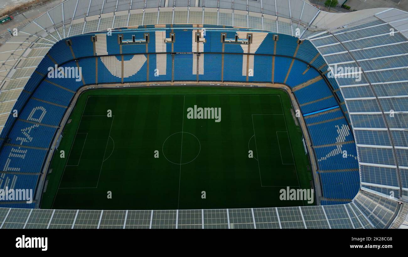 Manchester city football stadium Etihad from above - MANCHESTER, UK - AUGUST 15, 2022 Stock Photo