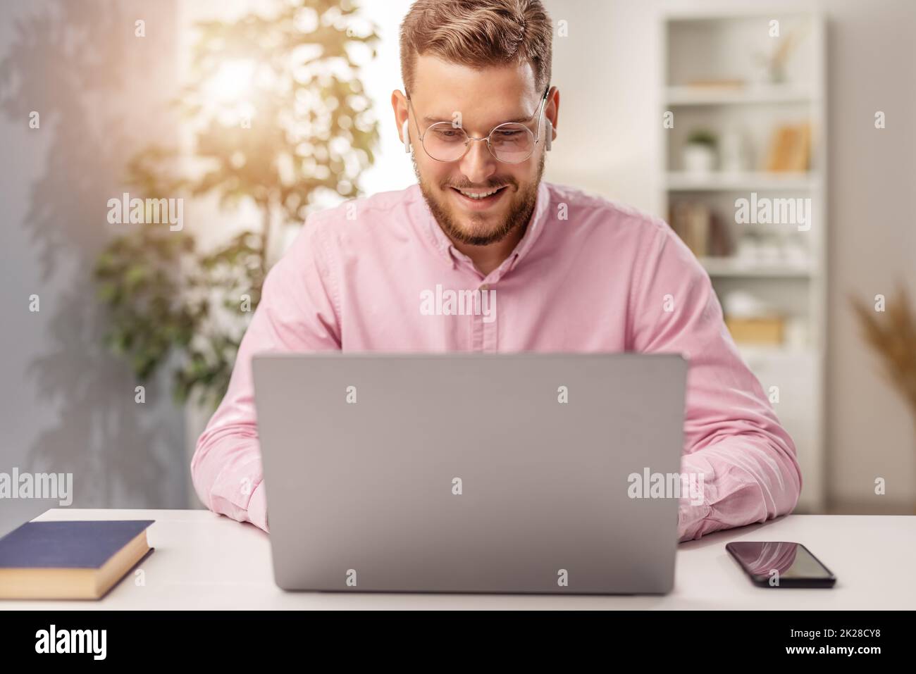 man laptop happy home Stock Photo