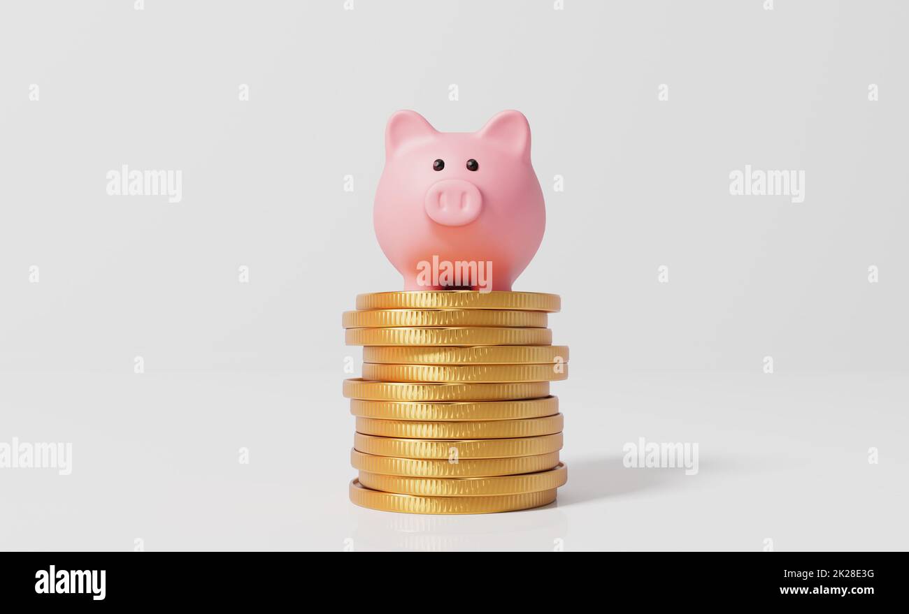 Pink piggy bank money box with a stack of gold coins. 3D Rendering ...