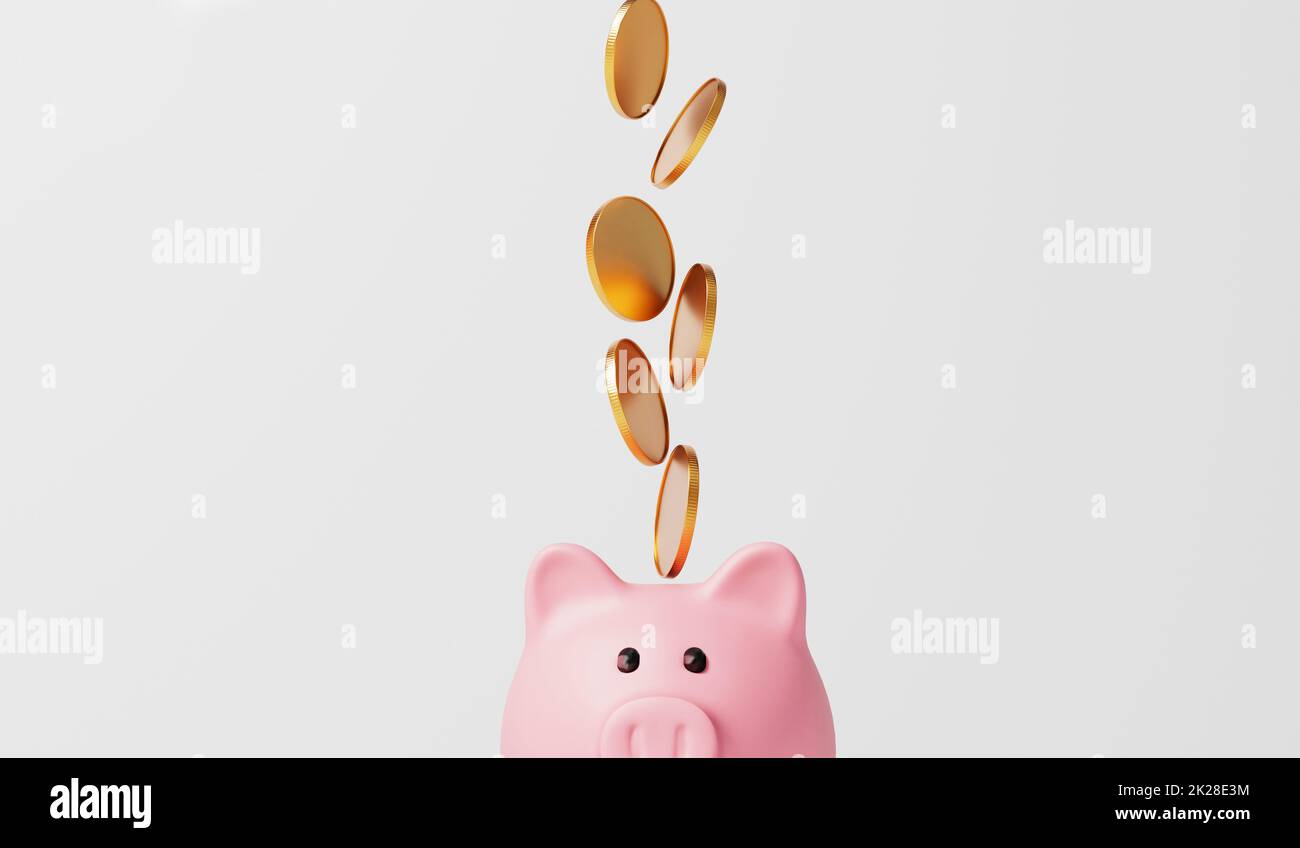 Pink piggy bank money box with gold coins. 3D Rendering Stock Photo - Alamy