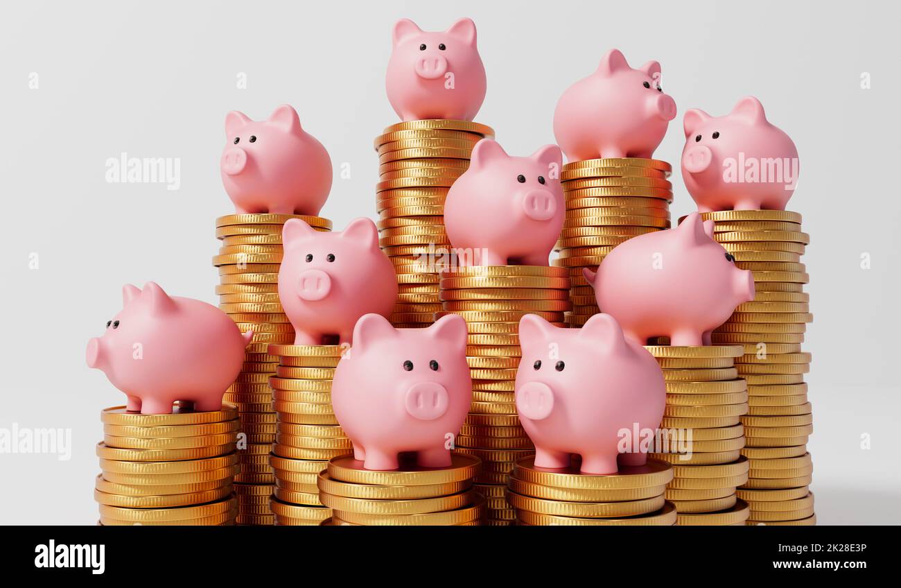 Pink piggy bank money box with a stack of gold coins. 3D Rendering ...