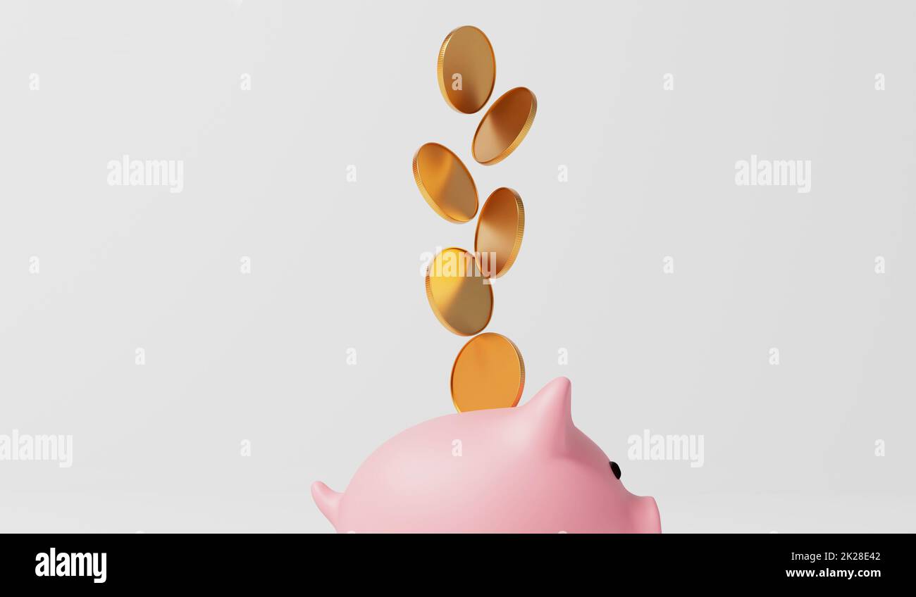 Pink piggy bank money box with gold coins. 3D Rendering Stock Photo - Alamy
