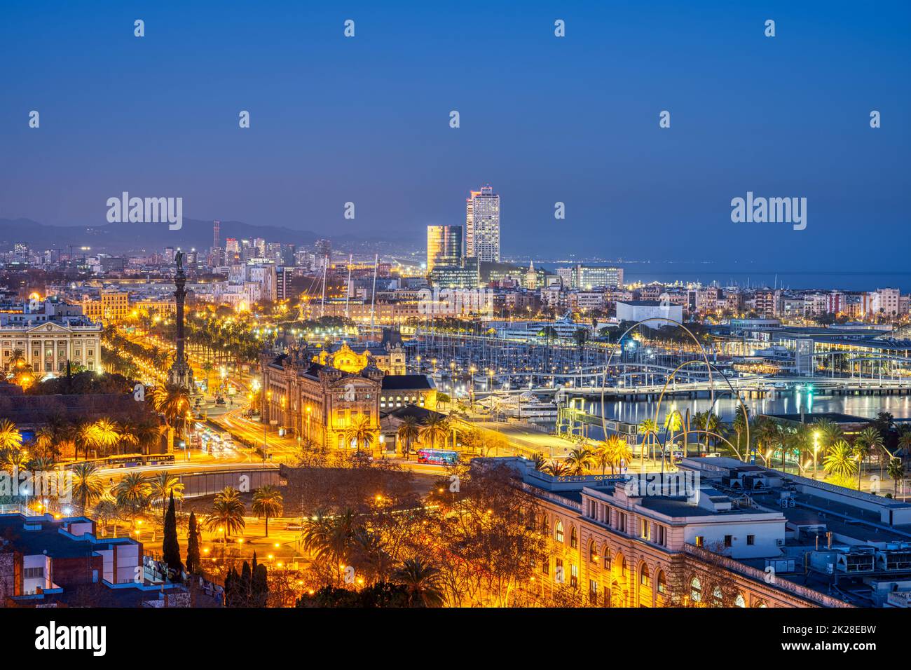 View of Barcelona with the Columbus Statue from Montjuic mountain at ...