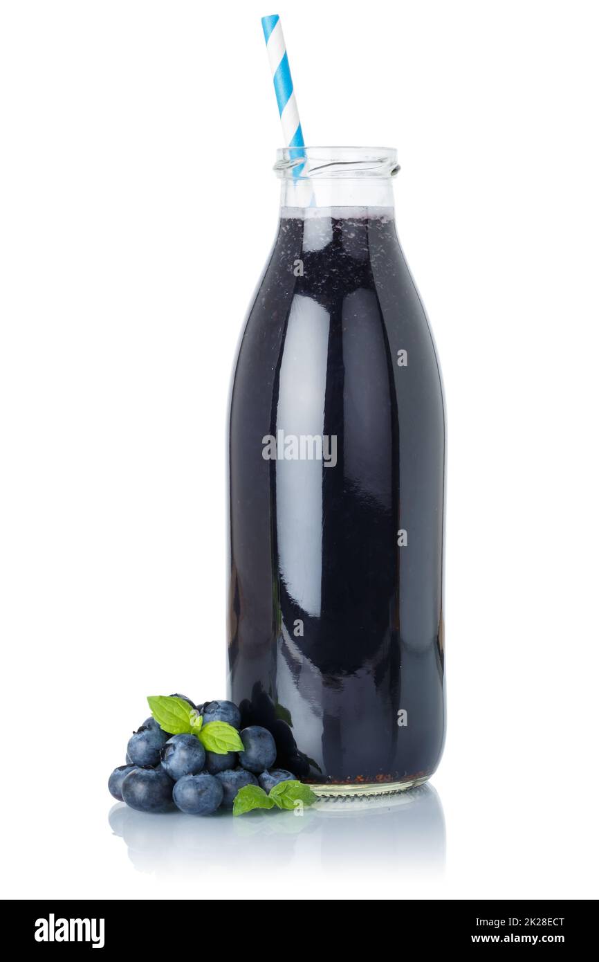Blueberry smoothie fruit juice drink straw blueberries in a bottle isolated on white Stock Photo