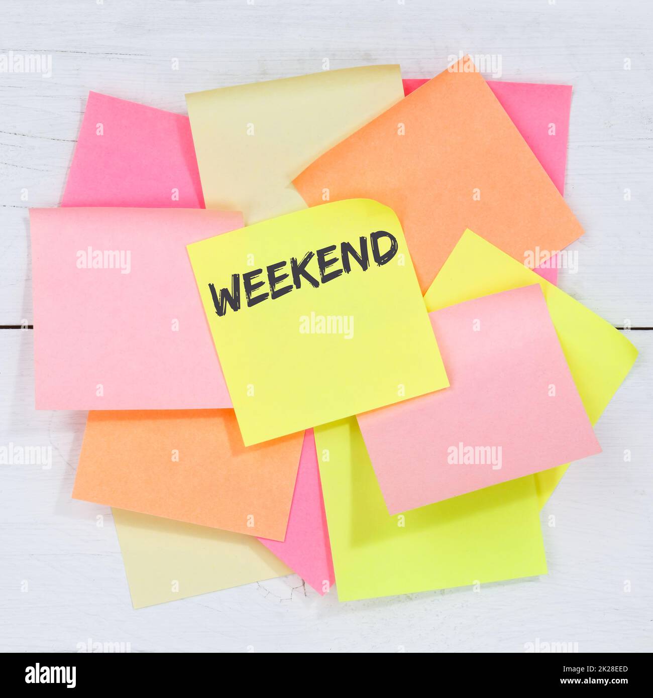 Weekend relax relaxed break business concept free time freetime leisure desk note paper Stock Photo