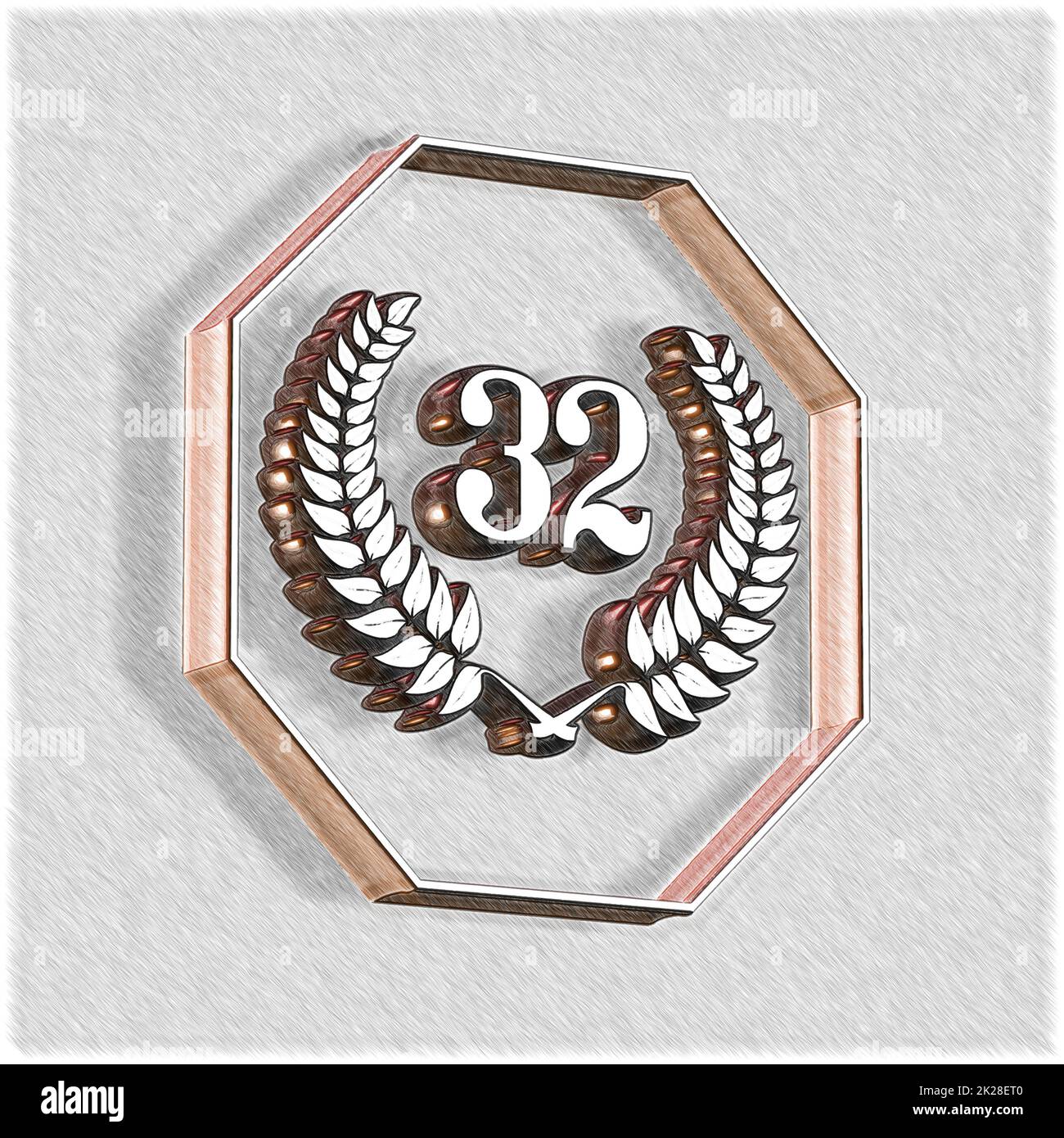 Number 32 with laurel wreath or honor wreath as a 3D-illustration, 3D-rendering Stock Photo