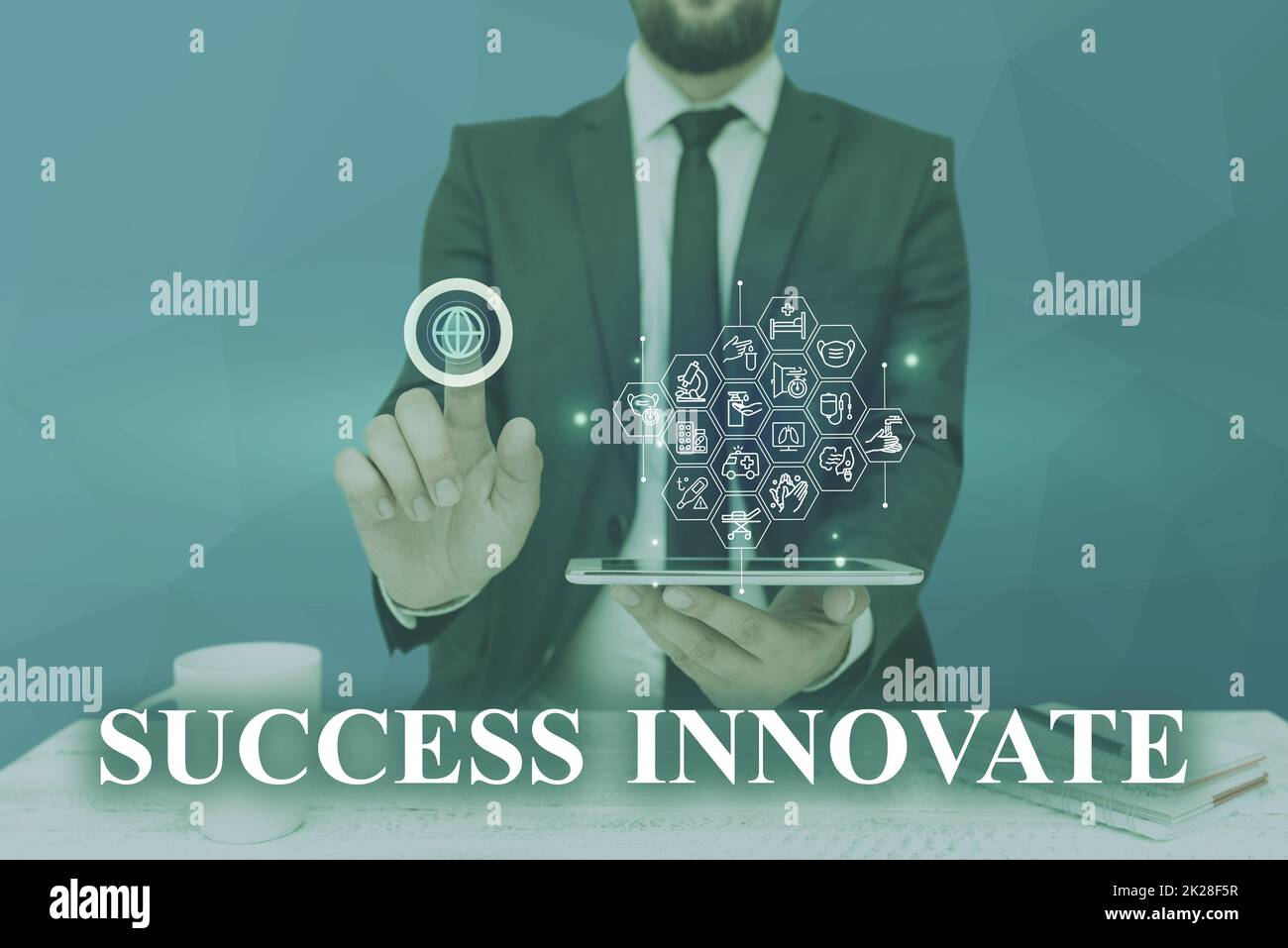 Text showing inspiration Success Innovate. Word Written on make organizations more adaptive to market forces Man holding Screen Of Mobile Phone Showing The Futuristic Technology. Stock Photo