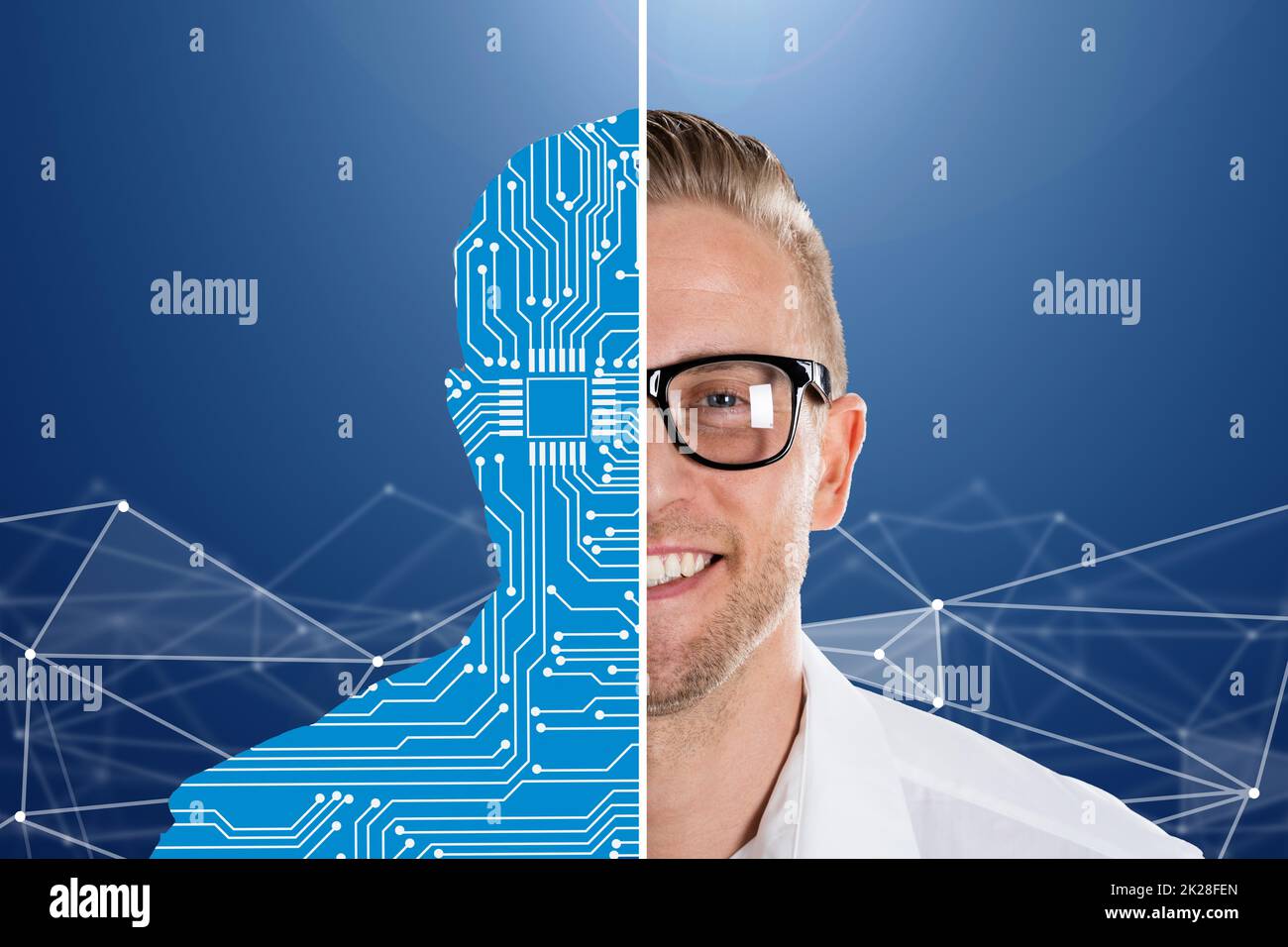 Half Robot Human. AI Technology And Cyborg Partnership Stock Photo