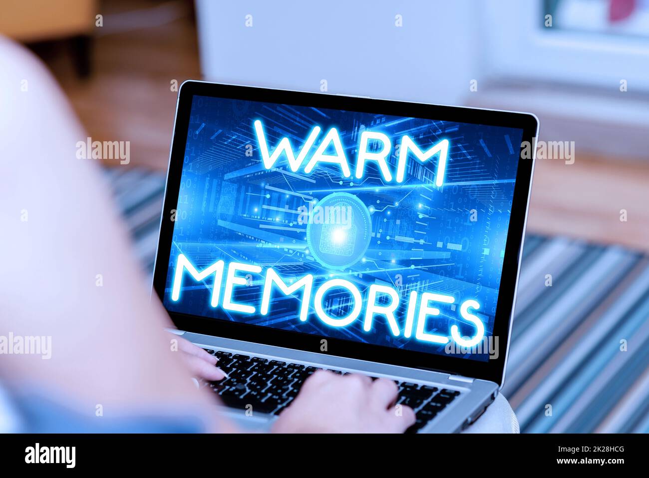 Handwriting text Warm Memories. Internet Concept Warm Memories Woman Sitting With Laptop Back View Actively Accomplishing Work From Home. Stock Photo