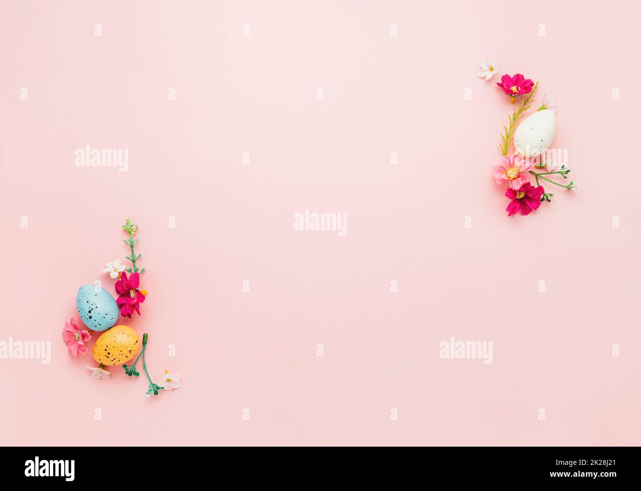 Easter holiday mockup background. Top view from above to Easter eggs with frame Stock Photo