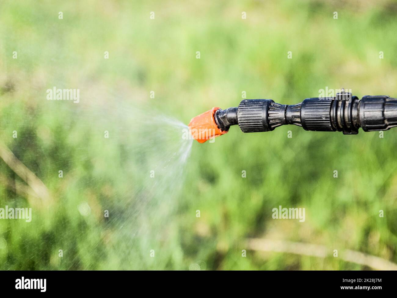Spraying herbicide from the nozzle of the sprayer manual Stock Photo
