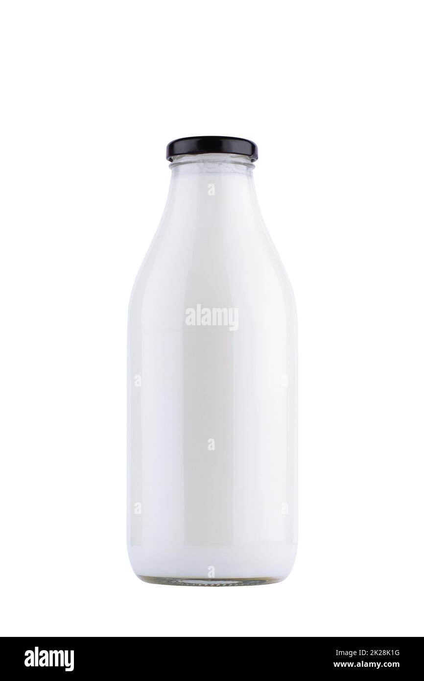 one liter bottle of milk mockup with black cap isolated on white background Stock Photo