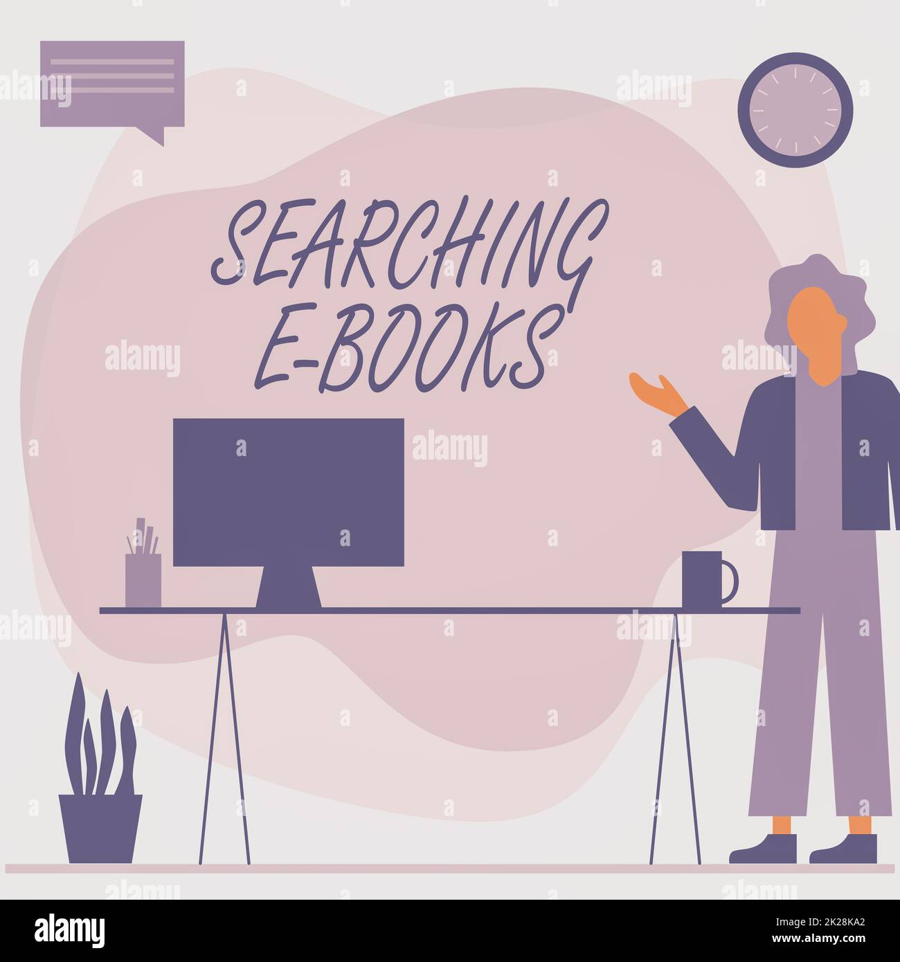Text showing inspiration Searching E Books. Conceptual photo looking for an electronic form of educational material Woman Standing Office Using Laptop With Speech Bubble Beside Plant Vase. Stock Photo