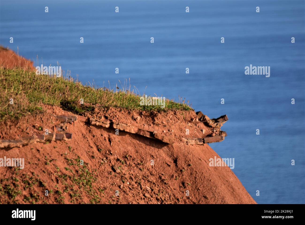 Red cliff at the costline in the evening sun Stock Photo