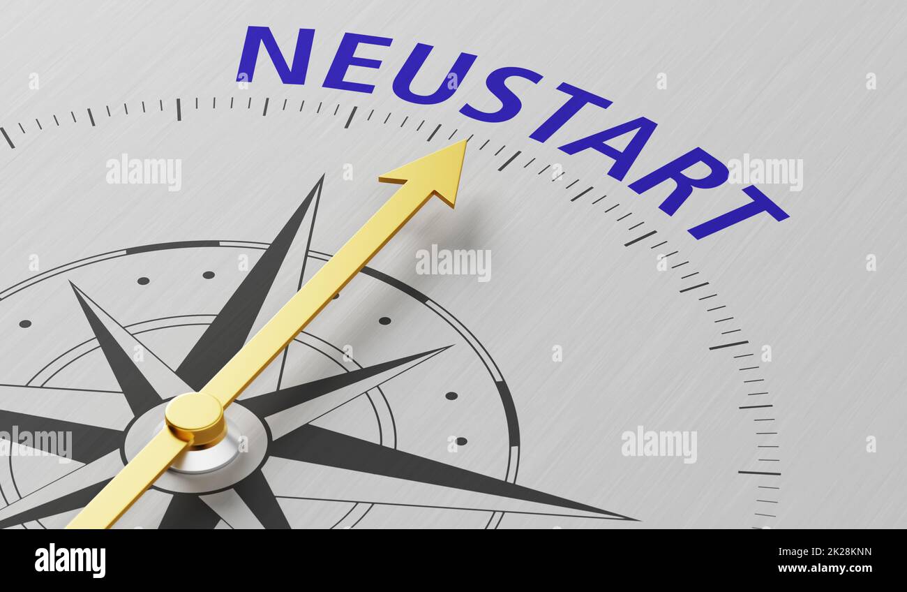 Compass needle pointing to the text Restart in german - Neustart -  3d render Stock Photo