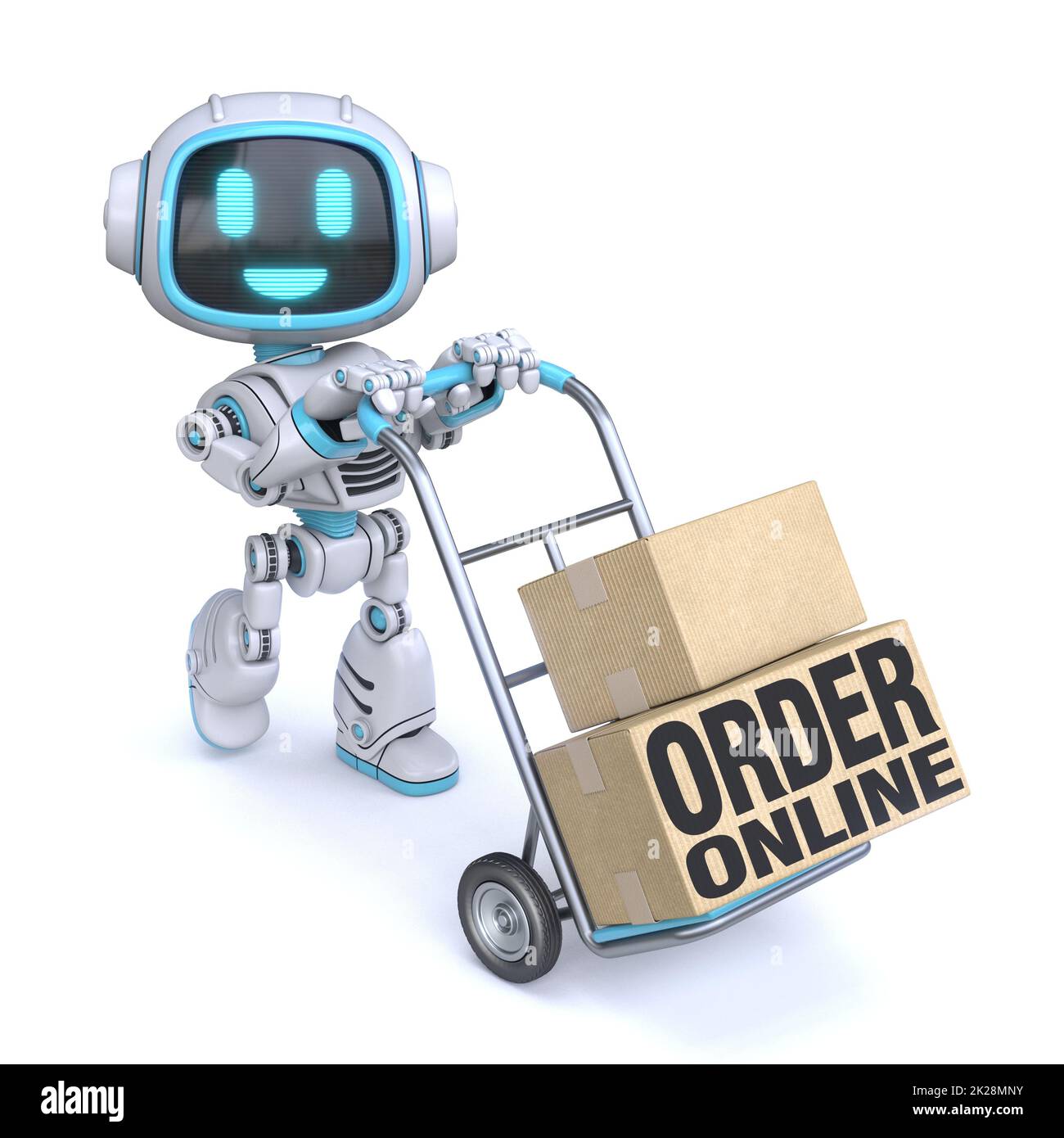 Cute blue robot with hand truck Order online concept 3D Stock Photo