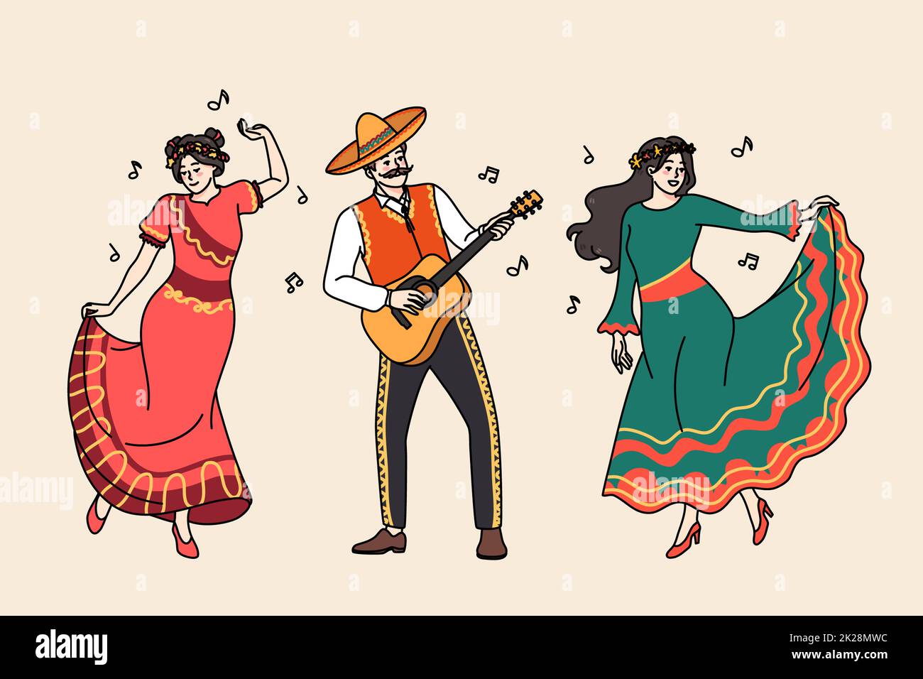 Happy Mexican people in traditional clothes dancing Stock Photo