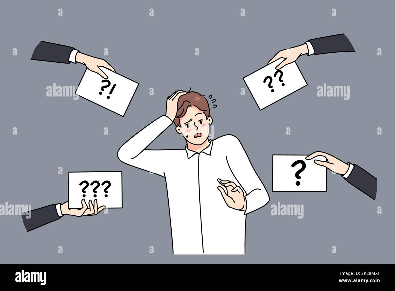 Confused man feel frustrated with question marks around Stock Photo - Alamy