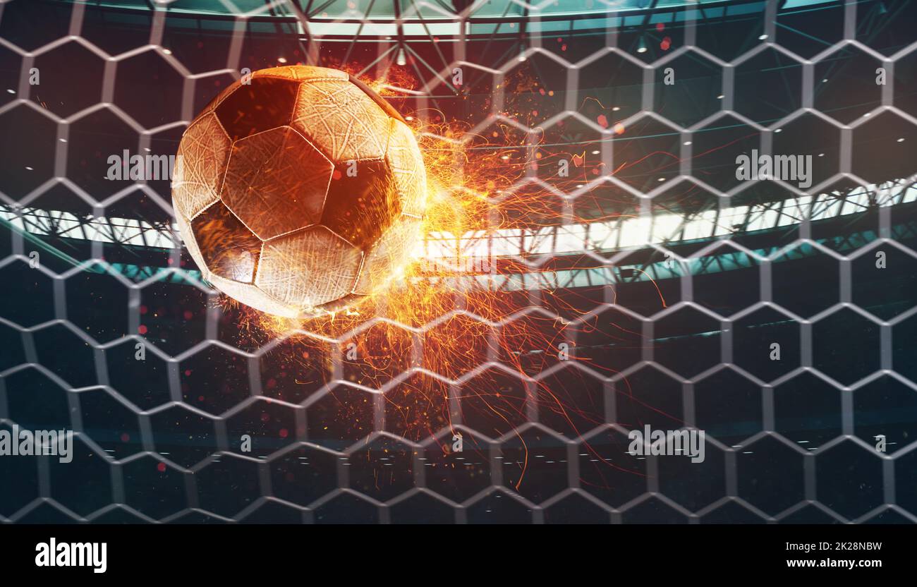 Close up of a fiery soccer ball kicked with power at the stadium