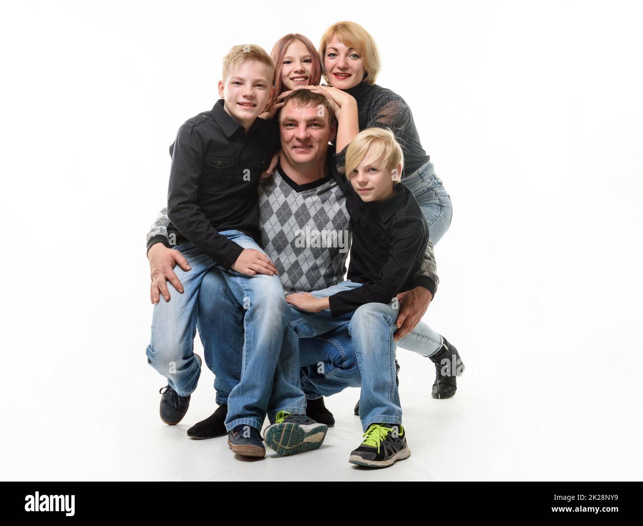 Children and mom hug happy dad, isolated on white background Stock ...