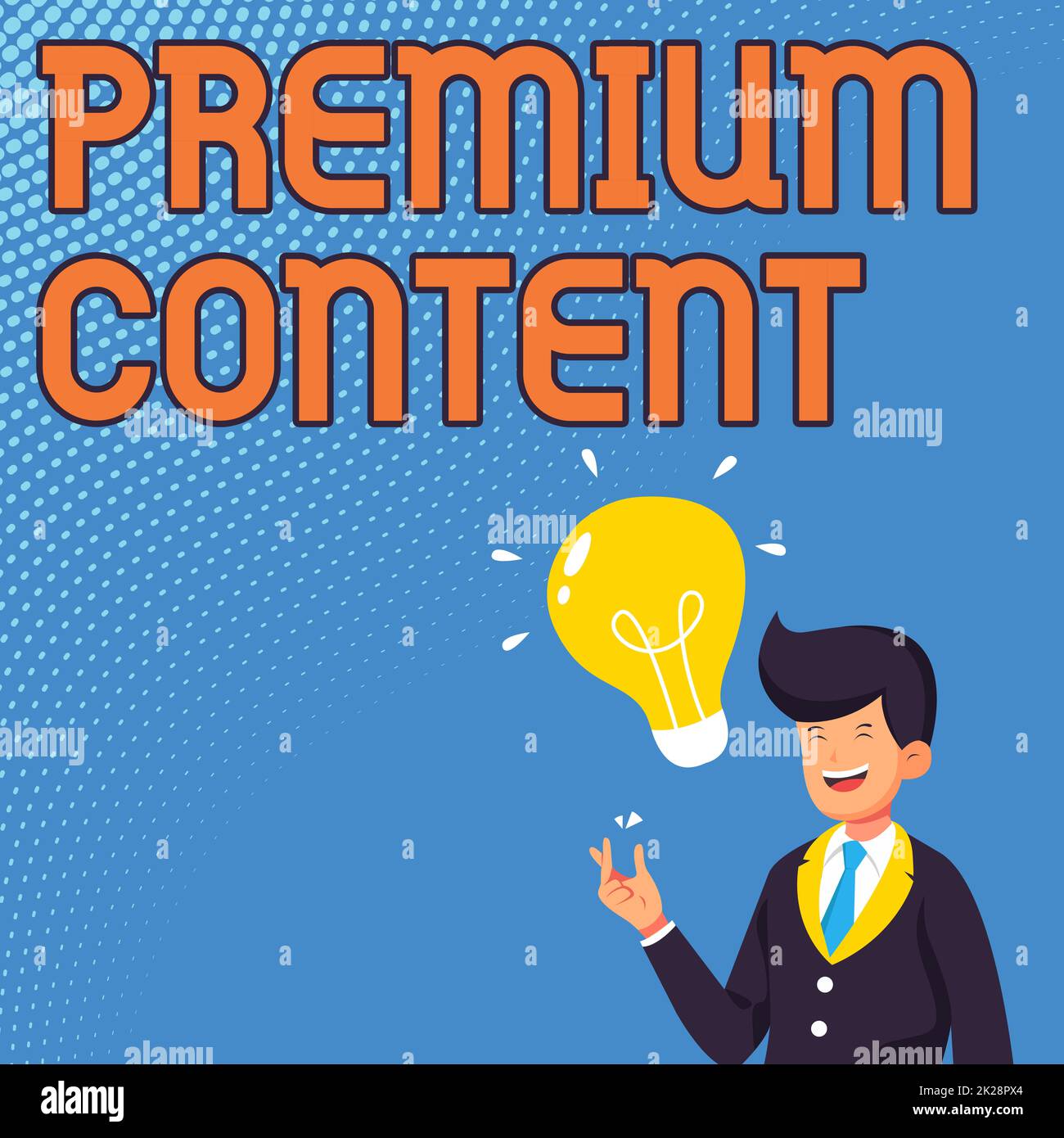Writing displaying text Premium Content. Word for higher quality or more desirable than free content Gentleman Drawing Standing Having New Idea Presented With Light Bulb. Stock Photo