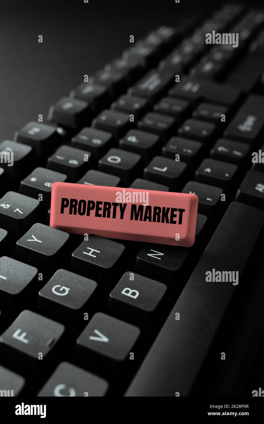 Text caption presenting Property Market. Business overview the buying and selling of land and buildings Estate market Abstract Programmer Typing Antivirus Codes, Retyping Debug Codes Stock Photo