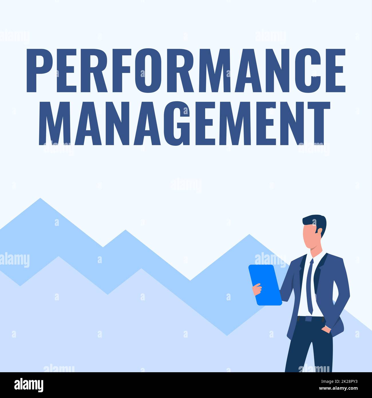 Conceptual display Performance Management. Business approach Improve Employee Effectiveness overall Contribution Man In Uniform One Hand In Pocket Standing Holding Computer Tablet. Stock Photo
