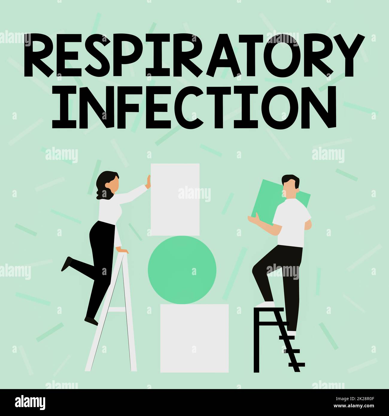 Conceptual caption Respiratory Infection. Word for any infectious disease that directly affects the normal breathing Couple Drawing Using Ladder Placing Big Empty Picture Frames To A Wall. Stock Photo