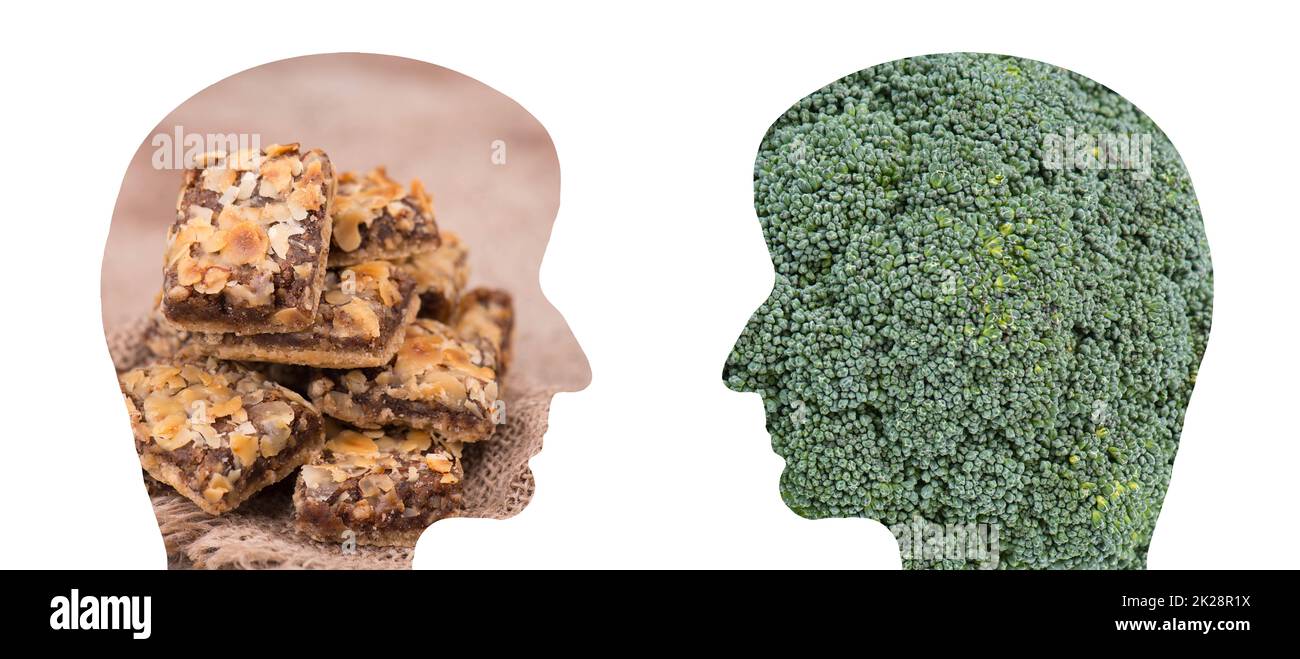 Two people one is eating healthy food, vegatables like broccoli the other person is chooses unhealthy cake, diet and fitness concept Stock Photo